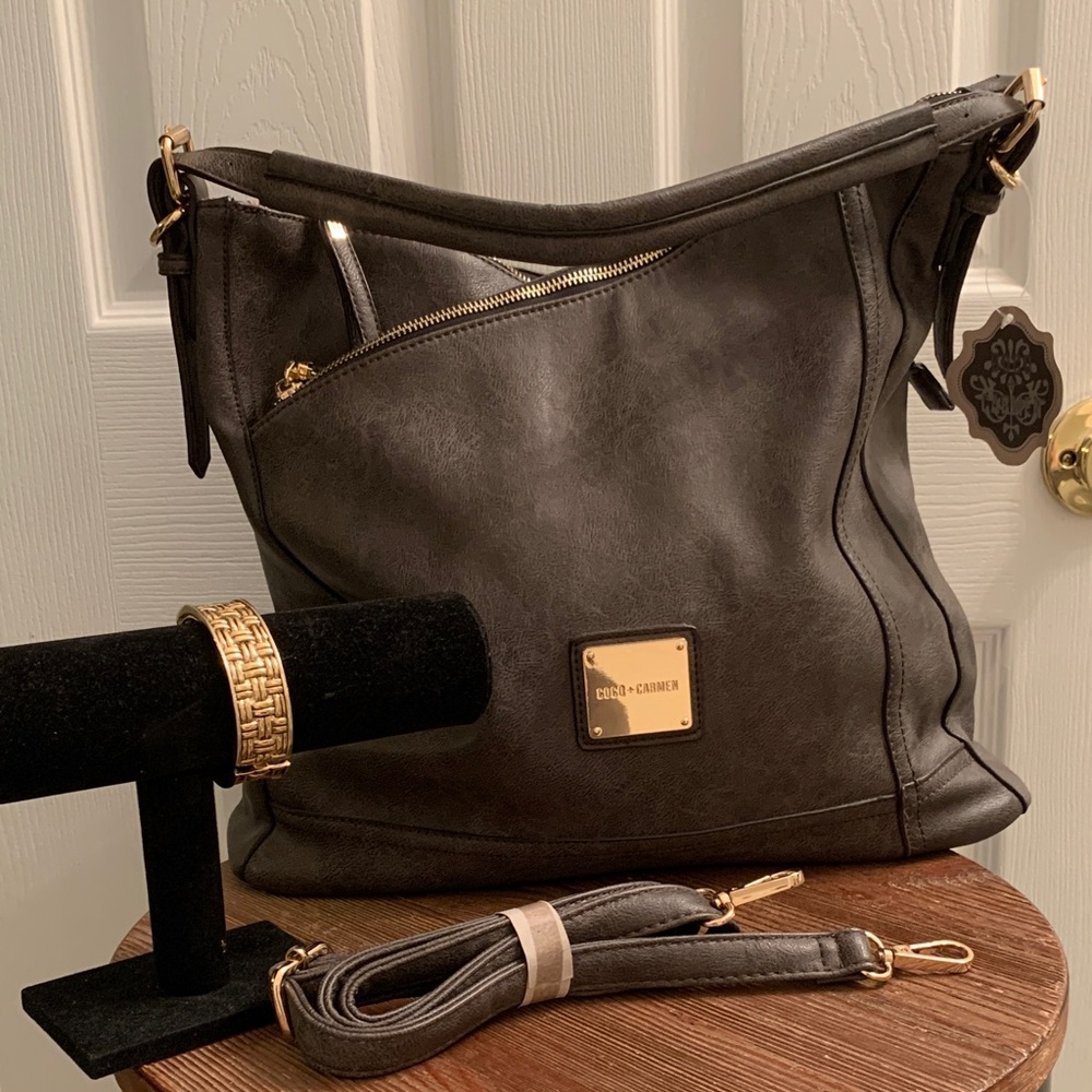 Coco + Carmen NWT Gray Hobo Bag with Gold Accents with beautiful gold bracelet.